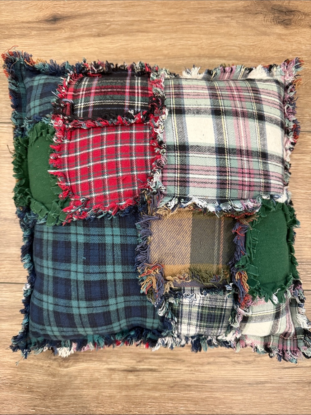 Plaid Patchwork Holiday Throw Pillow - Green, Red, Blue - 14 inches